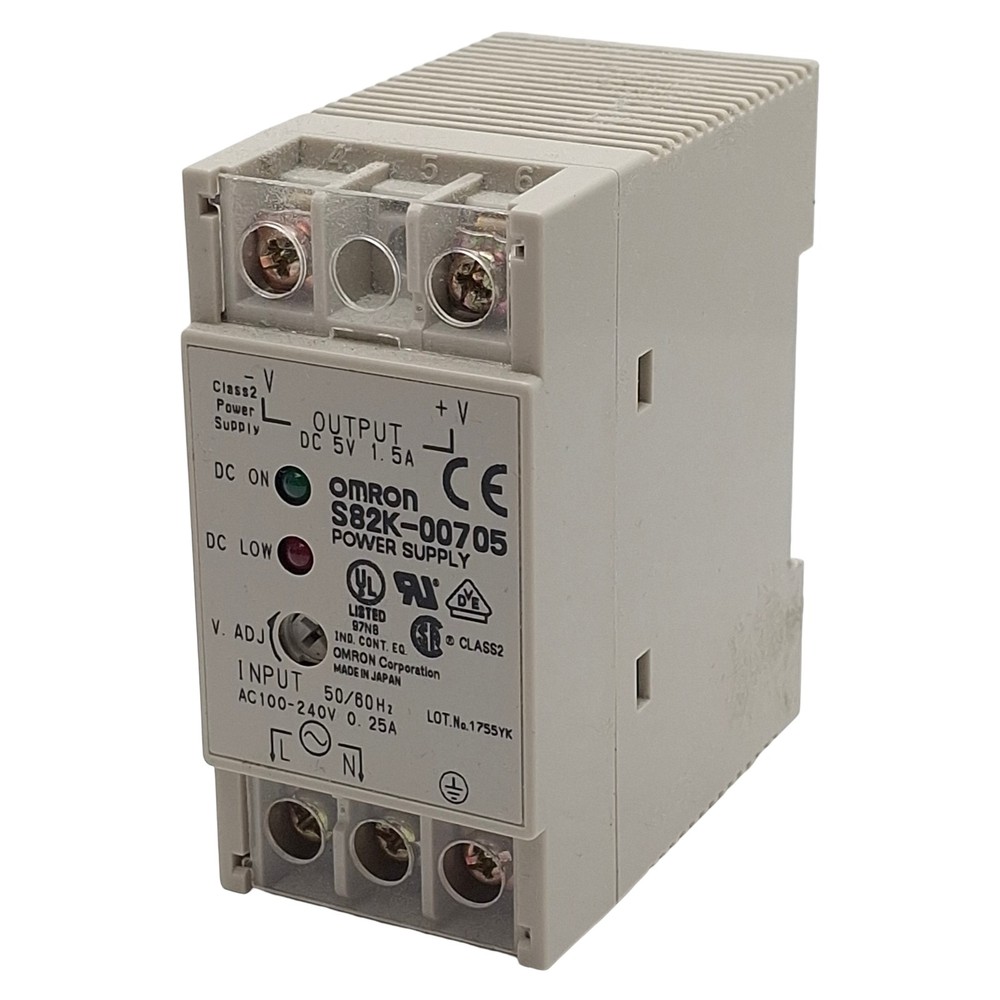 Omron S82K-00705 Power Supply, 100-240VAC In, 1.5A 5VDC Out, DIN Rail