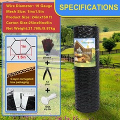 24in x 150ft PVC Coated Chicken Wire Fence, 19GA Black Mesh