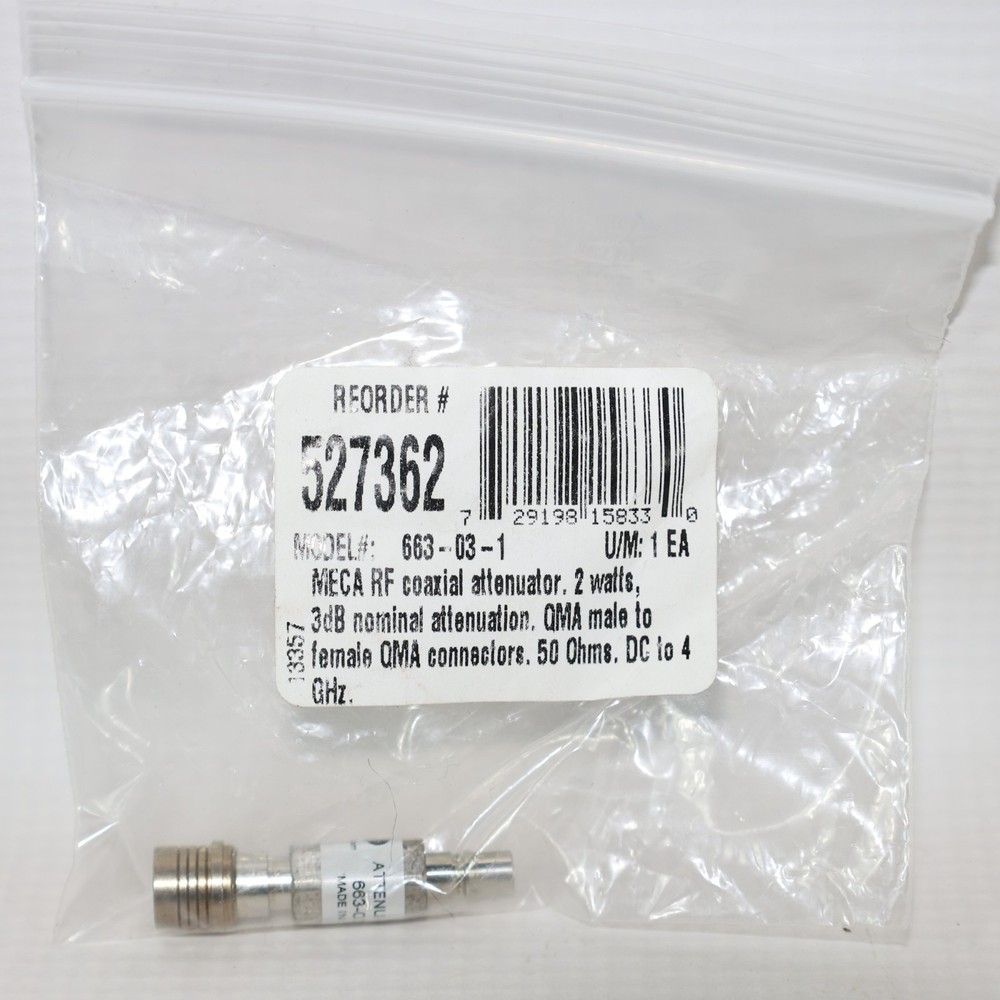 Meca Coaxial Attenuator 2 Watts 3dB Nominal QMA Male To Female 50 Ohms DC To GHz