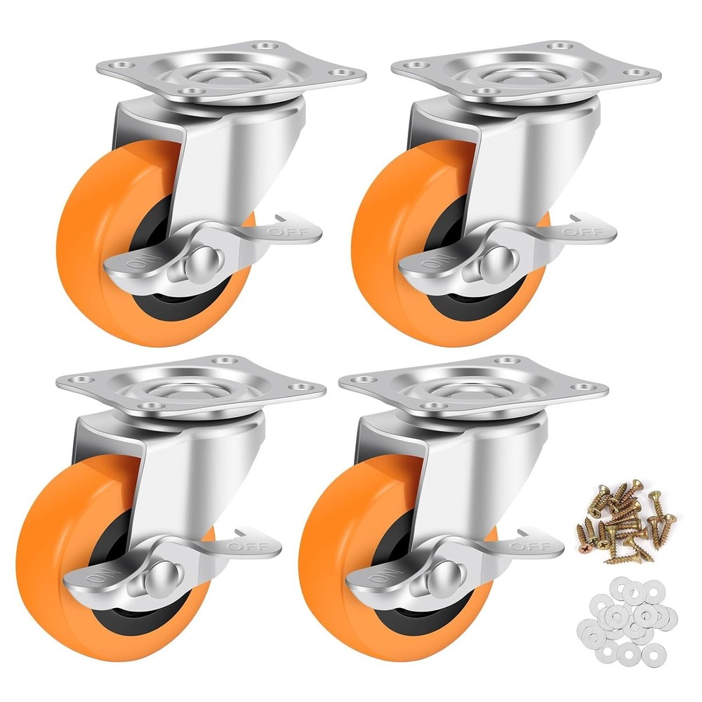 4PCS 2.5″ Heavy Duty Caster Wheels with Brake, Swivel PU Locking Castors Set