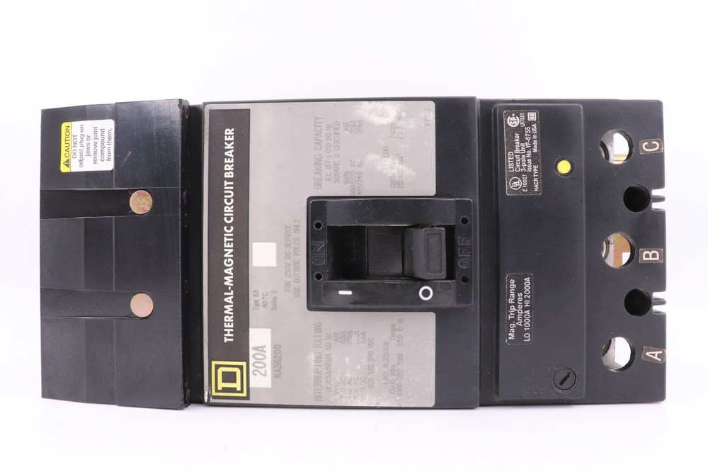 SQUARE D KA36200 200A 3-POLE THERMAL-MAGNETIC CIRCUIT BREAKER, 600V 25KA@480V