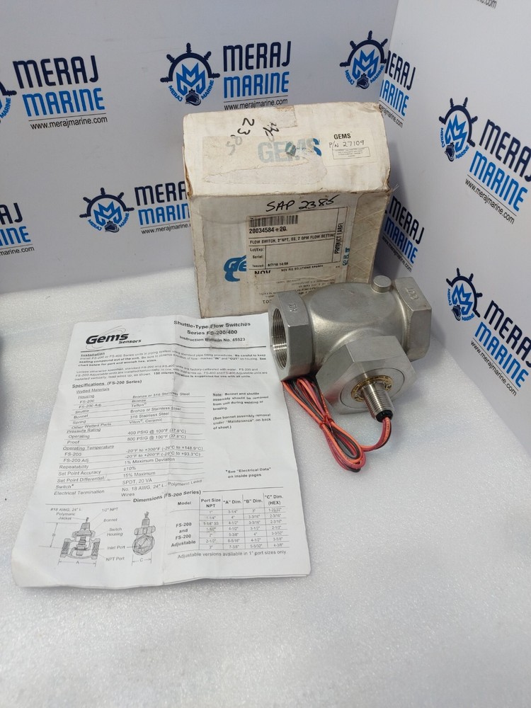 Gems Sensors FS-200 Shuttle Type Flow Switch 27109