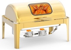 9QT Roll Top Chafing Dish Buffet Set Gold Stainless Steel Server with Glass Lid