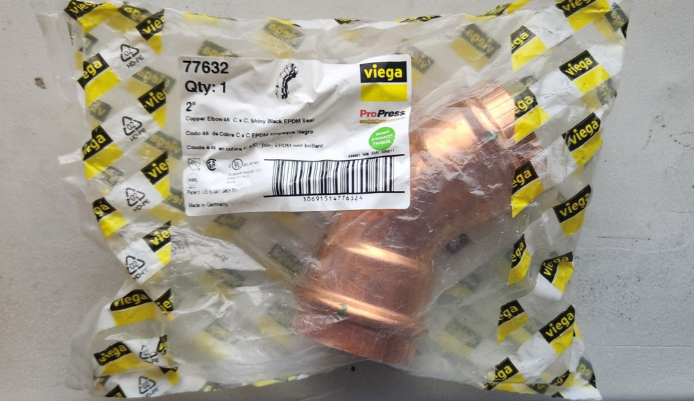 Viega Propress – 77632 – 2″ Copper 45° Degree Elbow – C x C EDPM Seal – New