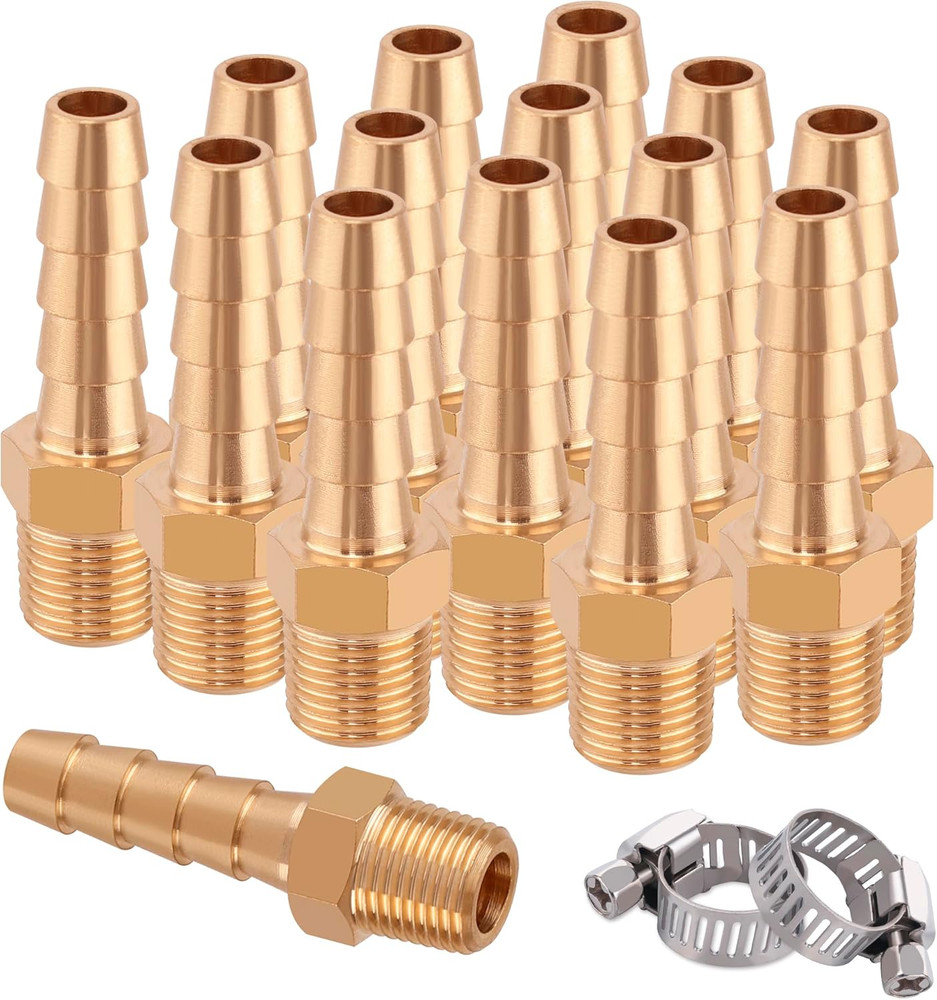 1/4″ Barb to 1/8 NPT Male Brass Hose Fitting Repair Kit with Clamps 15 Pack