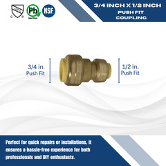 2 PIECES 3/4″ X 1/2″ PUSH FIT REDUCER COUPLING, LEAD FREE BRASS