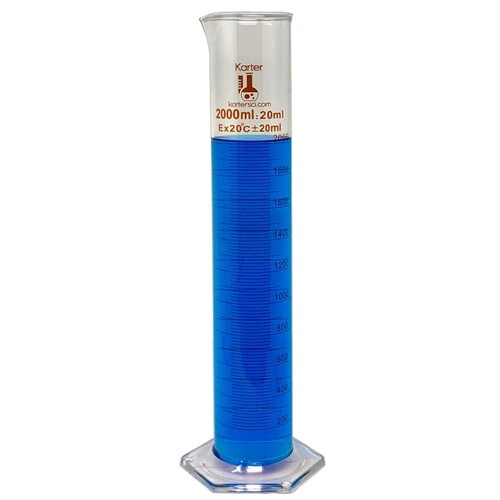 2000ml Graduated Cylinder, Glass, Hexagonal, Karter Scientific 246M2 (Single)