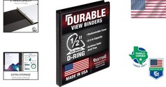Durable Black 0.5 Inch 3 Ring D-Ring Binder – Made from Recycled Chipboard