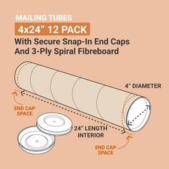 USA Cardboard Tubes with Caps, 24″L x 4″W x 4″H, Pack of 12 | Poster Tube for…