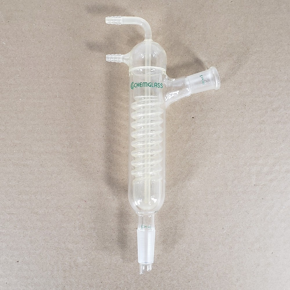 CHEMGLASS CG-1210-01 Friedrich Coiled Condenser 330mm 15° Angled 24/40 Joints