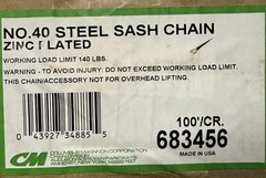 Columbus McKinnon CM 683456 #40 Sash Chain 100′ Zinc Plated 140lbs Capacity