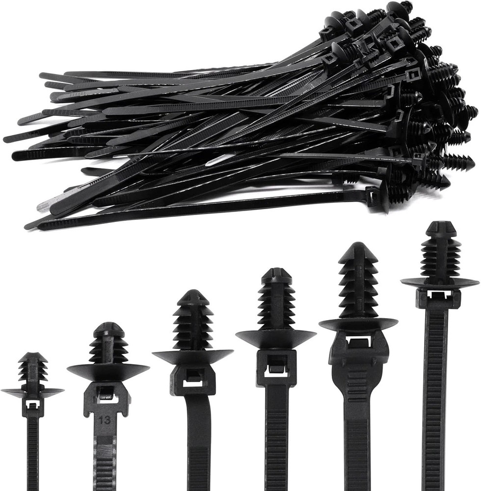 60PCS Push Mount Zip Ties Nylon Wire Harness Cable Clips Automotive Black 6 Type
