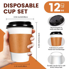100 Sets 12Oz Leak-Proof Paper Coffee Cups With Lids & Sleeves, Portable Cups