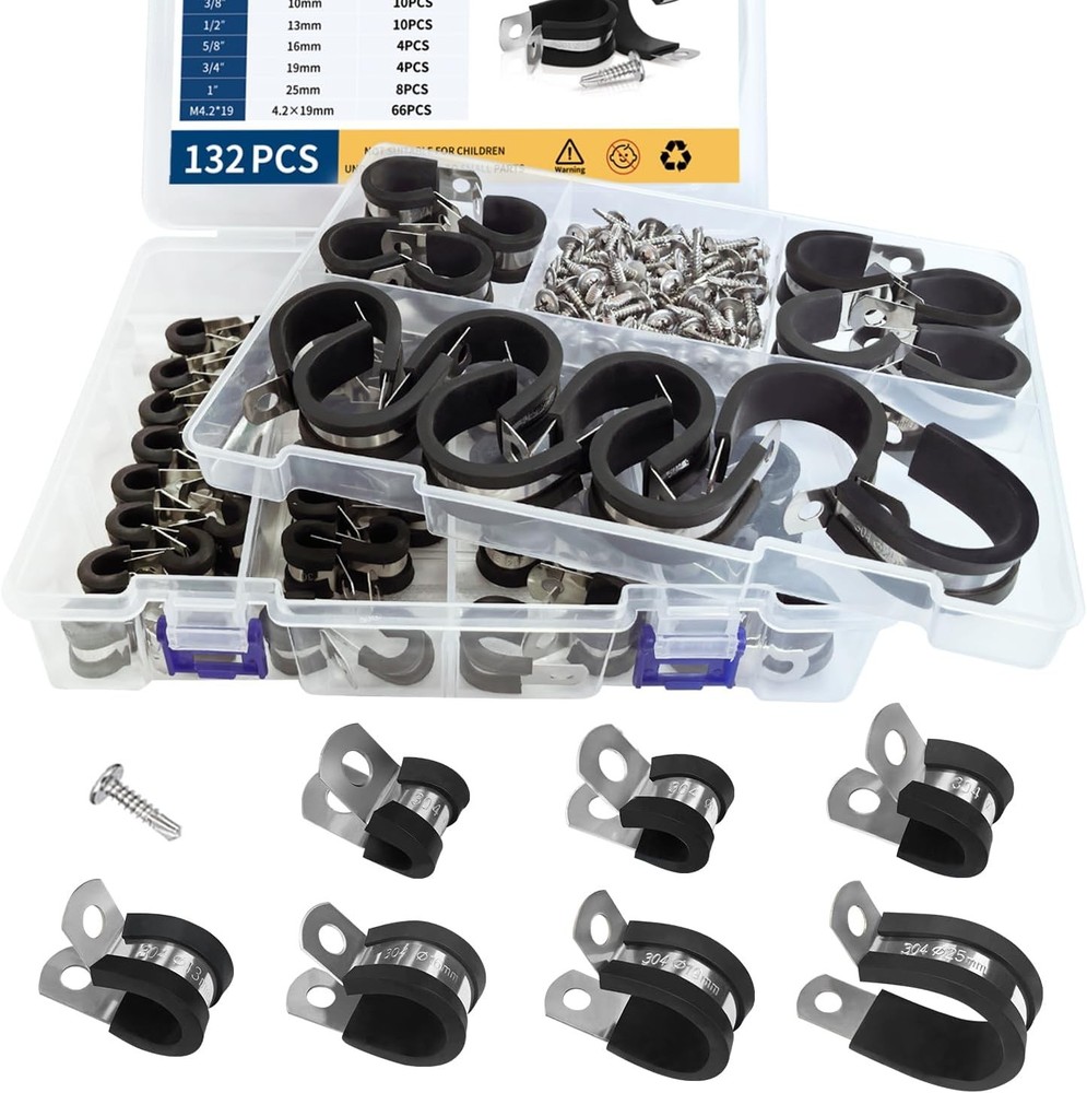 132 Pcs Assorted Rubber Cushioned Cable Clamps Stainless Steel Pipe Clamps