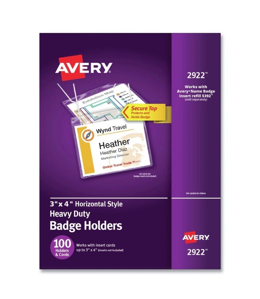 Avery Landscape 3″ x 4″ Badge Holders With Lanyards, 100-Pack