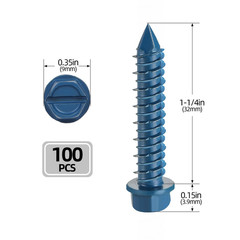3/16″ X 1-1/4″ Concrete Screws, 100 PCS Blue Hex Washer Head Concrete Screws Anc