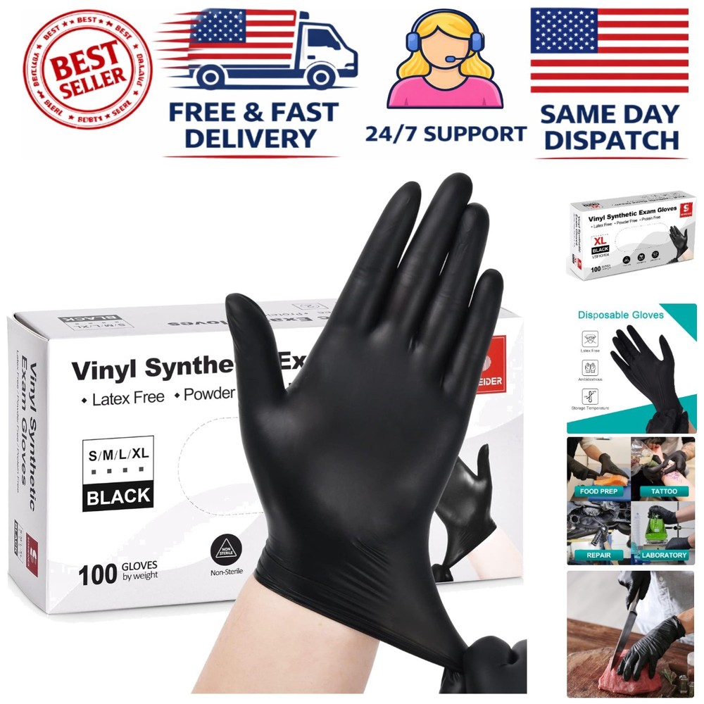 XL Black Vinyl Exam Gloves – 100 Count, Waterproof & Food Safe Disposable Gloves