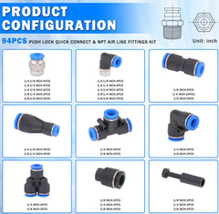Kit 94 conectores neumáticos push-in 1/8–3/8”, acoples rápidos y roscas NPT