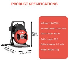 50FTx1/2″ Heavy Duty Drain Cleaner Machine,Auto Feed Sewer Snake Auger W/Cutter