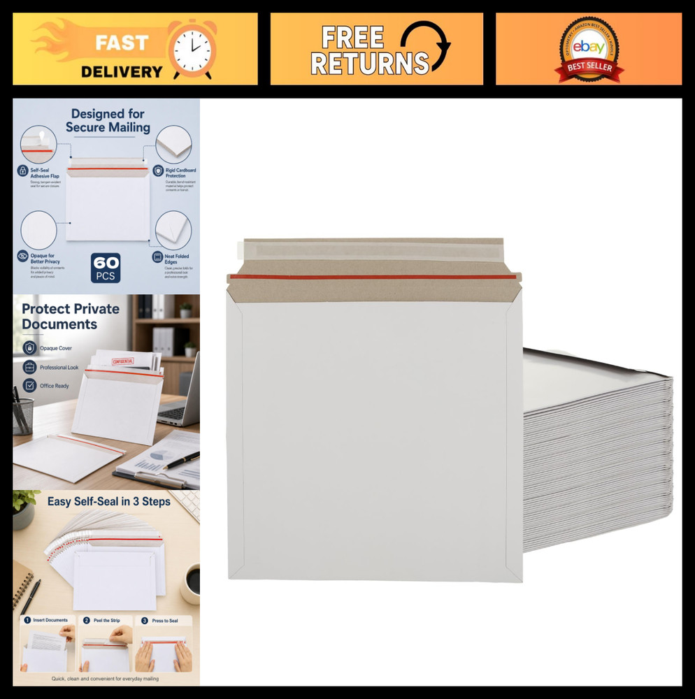 60 Pack Rigid Mailers 14×11″ Peel & Seal Envelopes – Stay Flat for Documents, Ph