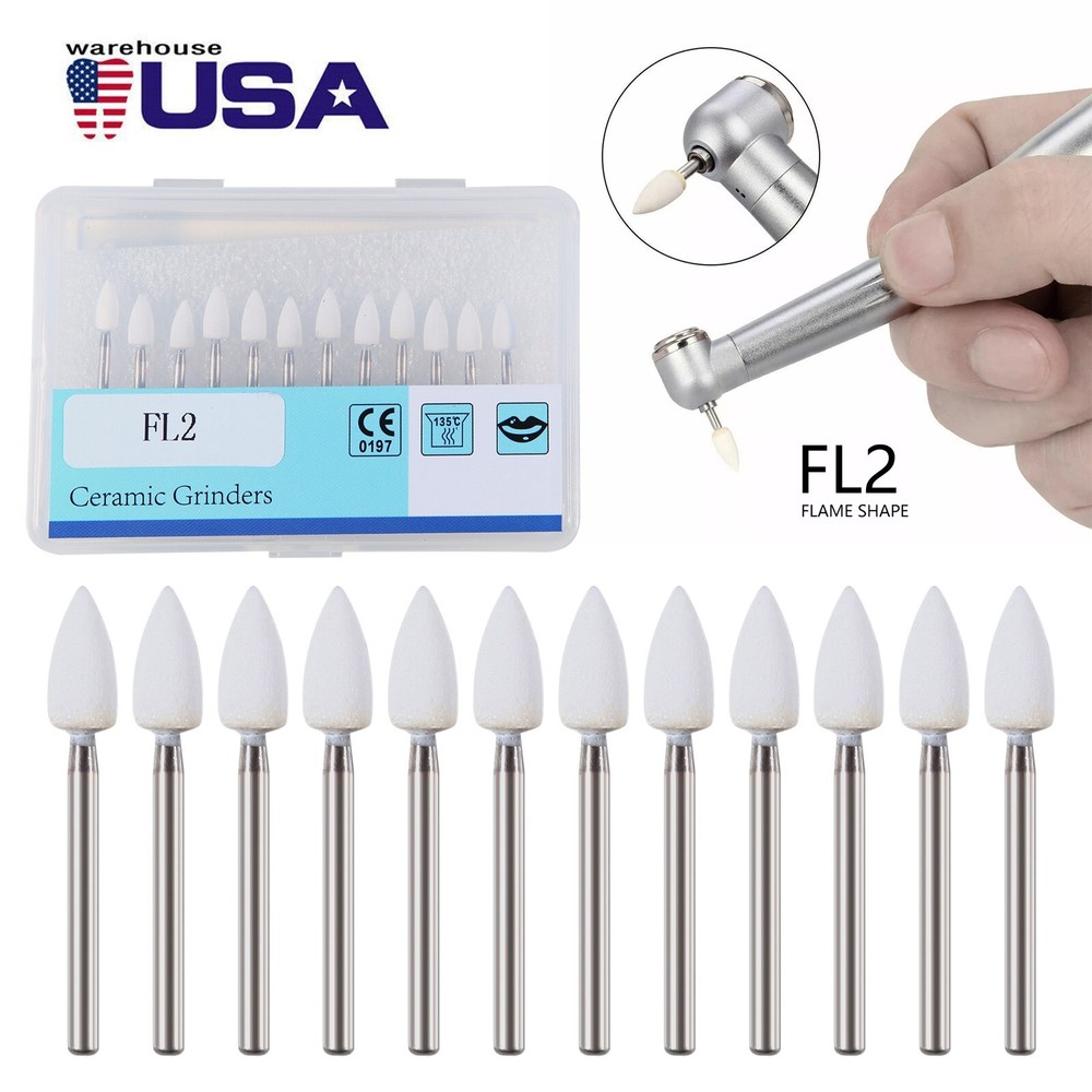 12pcs Dental Flame White Stone Polishing FG Burs Fl2 Abrasion Point Bur SANDENT