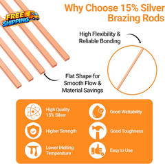 15Pcs Brazing Rods AWS Bcup 5 15% Silver Solder Phos Copper Brazing Alloy Flat