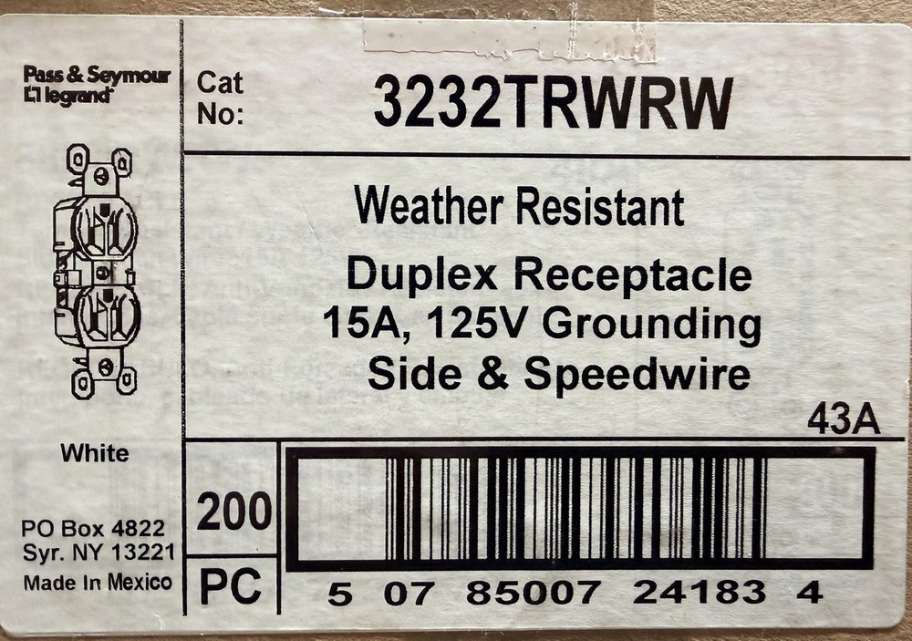 200! Legrand 3232TRWRW 15A/125V Tamper/Weather Resistant Duplex Receptacles