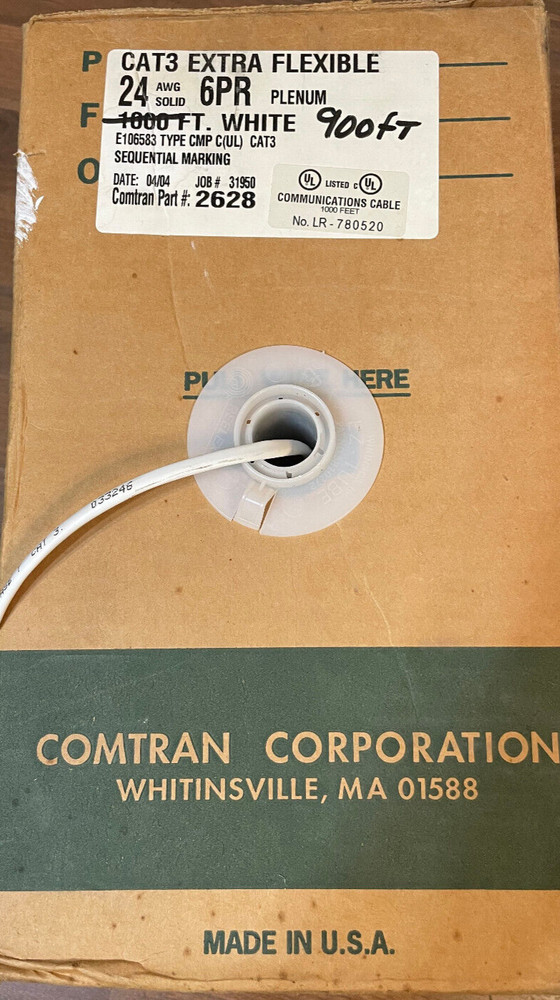 CAT-3 EXTRA FLEXIBLE 6PR CABLE PLENUM WHITE WIRE 24AWG 900ft.