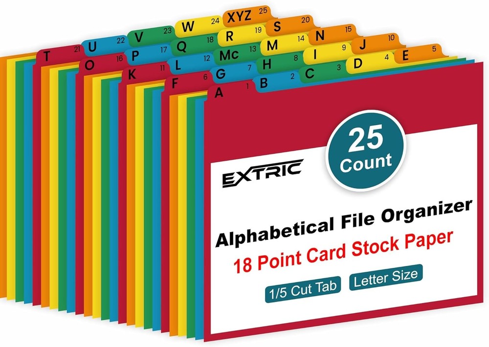 Alphabetical File Organizer, 25 Alphabet Dividers with Tabs for File Cabinet and