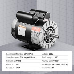 3.7HP Air Compressor Electric Motor 230V 17.2A 3450RPM 56 Frame CW/CCW Rotation