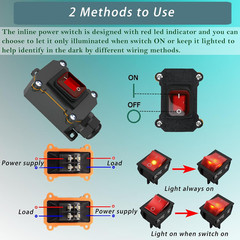 12V Inline Cord Switch IP67 Waterproof, 20A Outdoor On/Off Toggle Switch DC 12V-