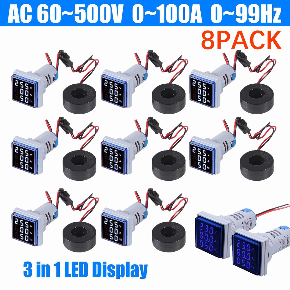 8pcs AC 60-500V 0-100A 22mm 3 in 1 Voltmeter Ammeter LED Digital Volt/AMP Meter