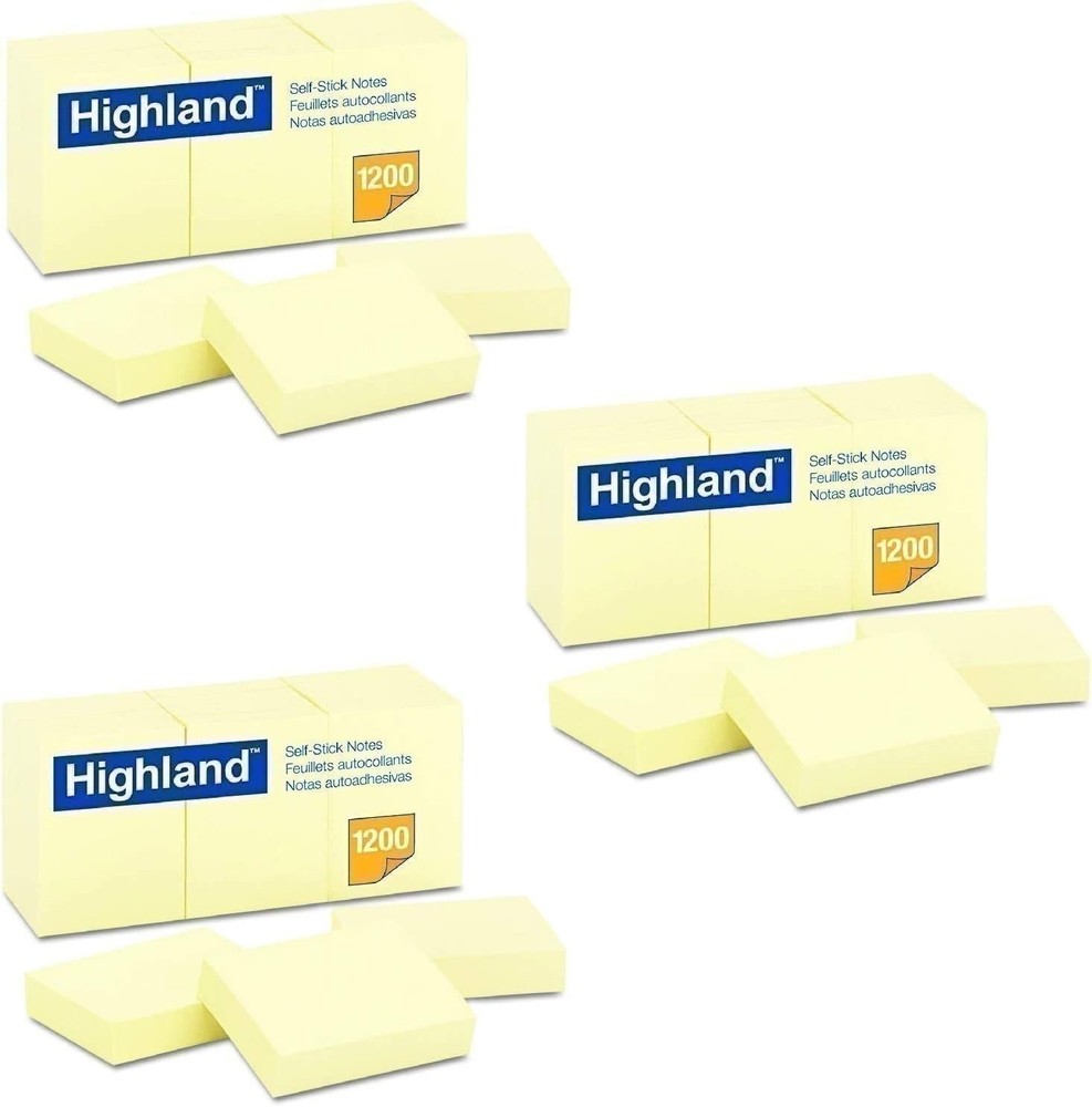Highland 6539YW Self-Stick Notes, 1 1/2 x 2, Yellow, 100-Sheet 3 Packs of 12