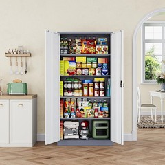 Metal Garage Cabinet Lock Adjustable Shelves Steel Tool Storage Gray White 72in