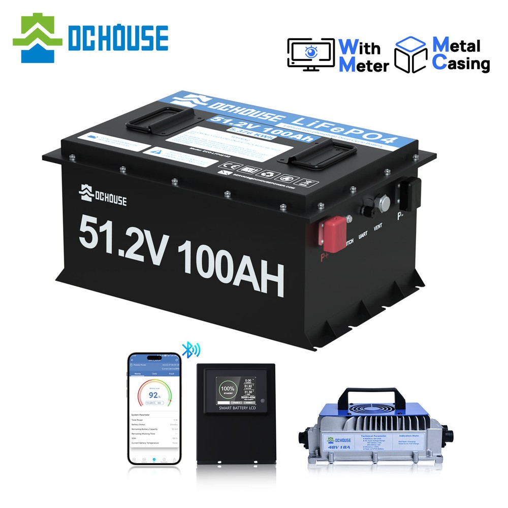 48V 100Ah LiFePO4 Golf Cart Battery 18A Charger Bluetooth Monitor Metal Case