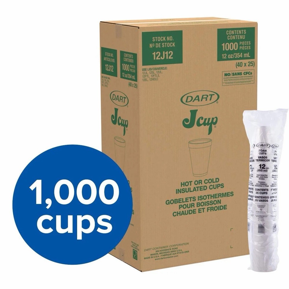 Dart 12j12 Foam Cup 12 Oz Insulated White Disposable Drink Cup 1000/case