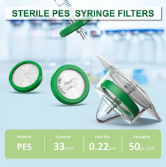 50 Pack Sterile Syringe Filter 33mm 0.22 Micron PES Membrane Hydrophilic Filter