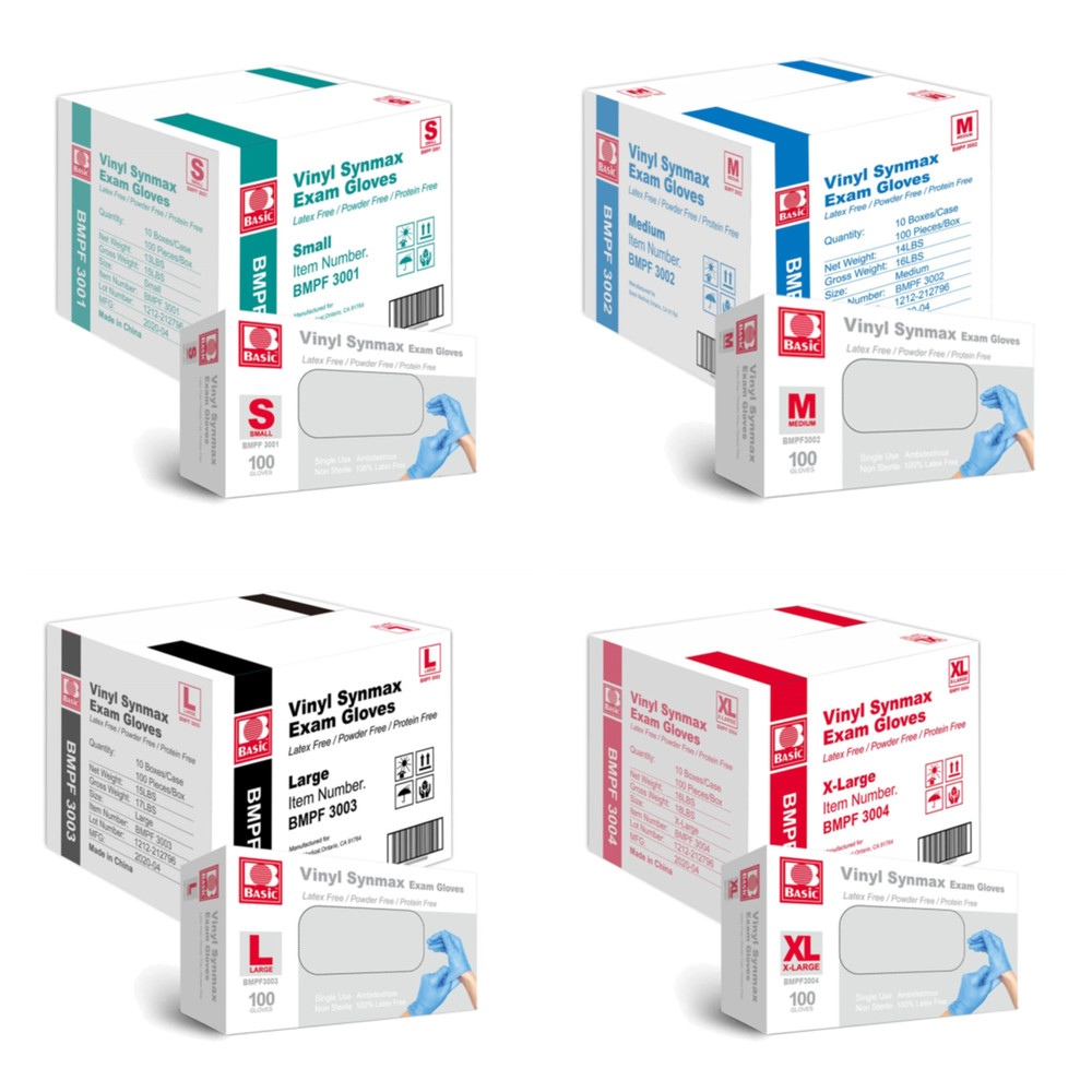 Intco BASIC Medical Vinyl Synmax Exam Gloves Durable Latex Free , Size: S/M/L/XL