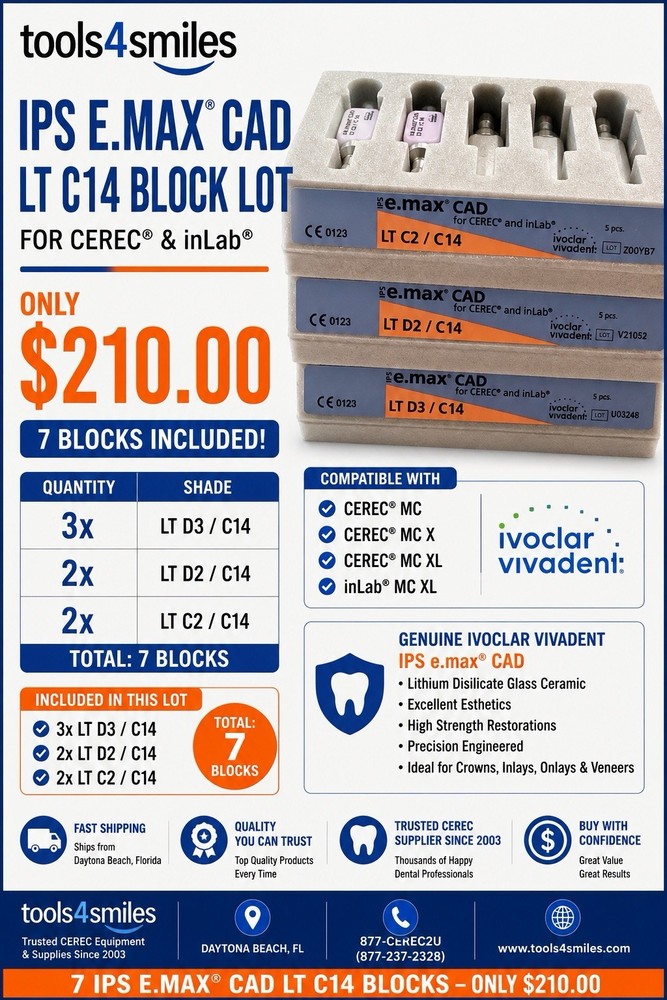 CEREC IPS Emax Cad Blocks 7 Assorted blocs size C14 shades LT C2 -D2-C3