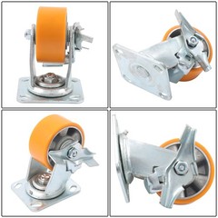 4 Pcs 4″ Side Brake Polyurethane Plate Casters, 3200 Pounds, Silver + Qrange