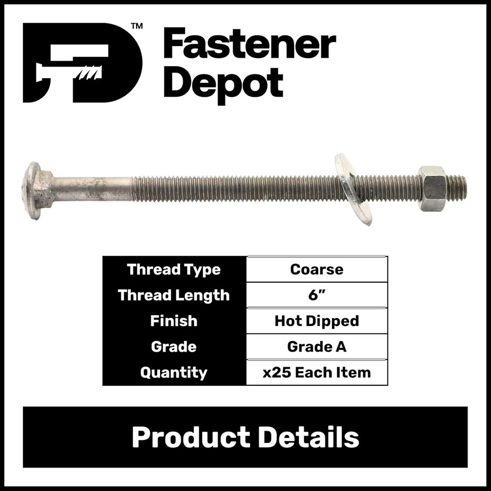 1/2″-13 x 8″ Hot Dipped Galvanized Carriage Bolt Kit w/Nuts & Flat Washers (25x)