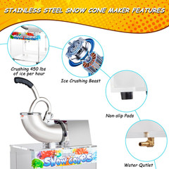 48L Snow Cone Machine, 500LB/H Commercial Shaved Ice Machine, 300W Electric Ice