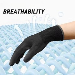 WOLF Ultra-Thin Black Work Gloves Polyurethane Palm Coated Nylon Shell 12 Pairs