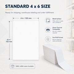 4×6 inch Fanfold Direct Thermal Labels, White – 3000 Count