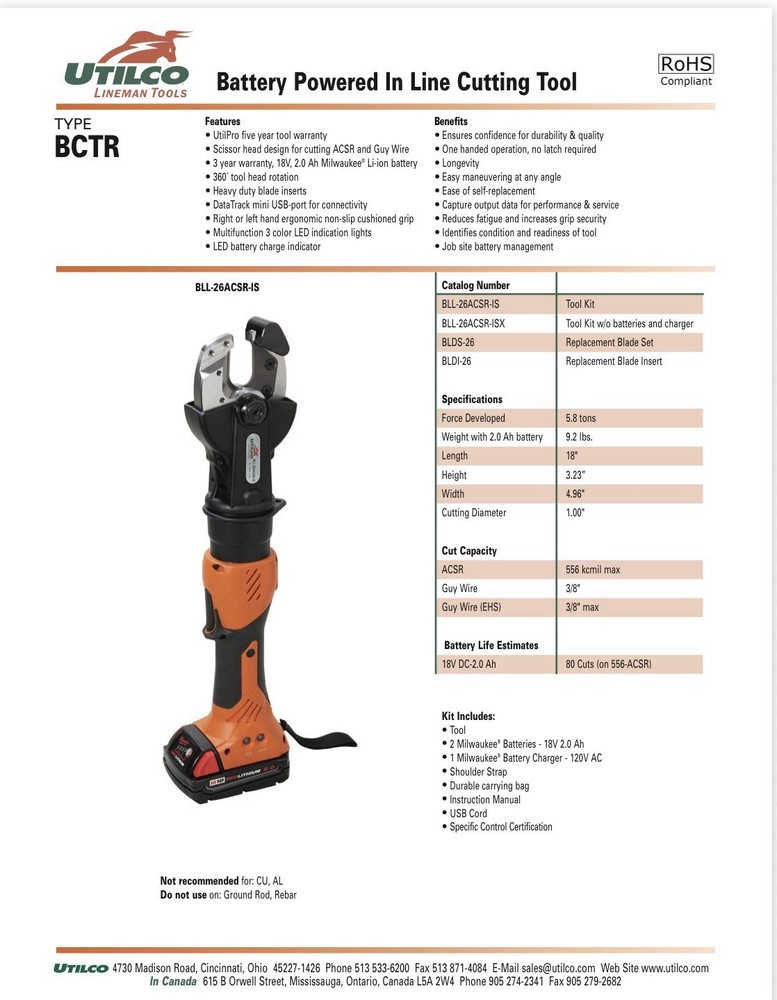 UTILCO Lineman Tool BLL-26ACSR-IS Inline Cutting Tool