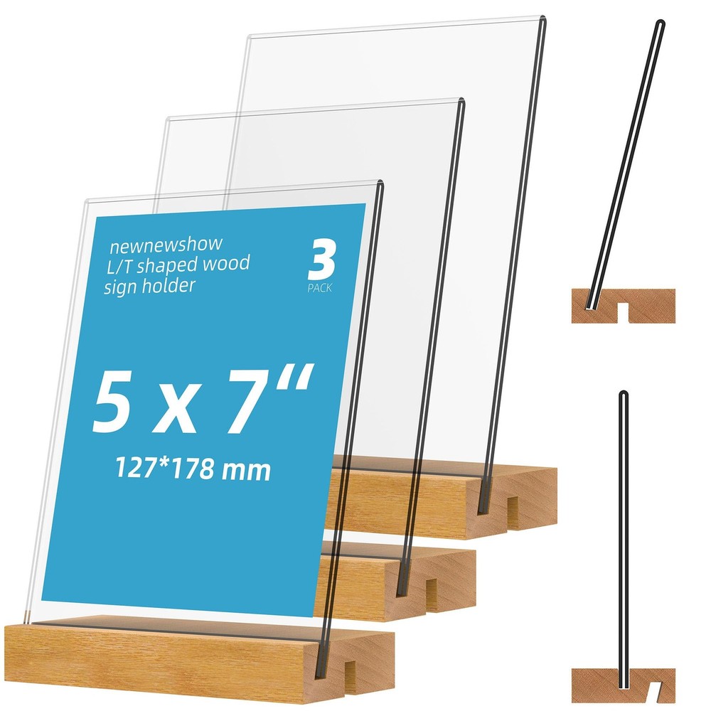 5″x7″ Acrylic Sign Holder with Wood Base Wood Sign Holder Vertical or Slant B…