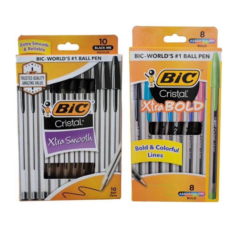 NEW 2 BIC Cristal Xtra Bold Ballpoint Pen Bold Point Assorted Color + Pen Black