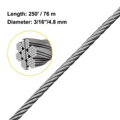 VEVOR T304 3/16″ Stainless Steel Cable Wire Rope 7×19 250FT Railing Kit