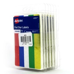Avery 6751 Foil Star Labels, 1/2 Dia, Red, Blue, Silver, Green, Gold, (6 Packs)