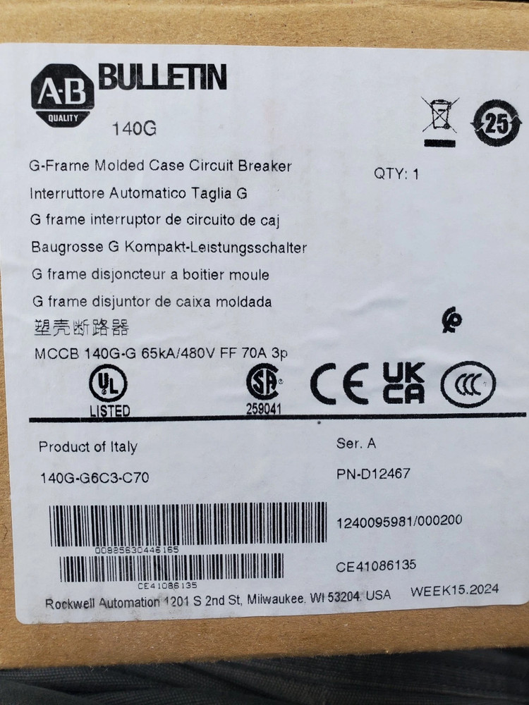 New 140G-G6C3-C70 Allen Bradley 140G 125A Frame Molded Case Ckt-Bkr